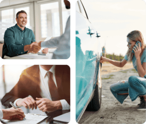 Photo grid of car troubles, lemon law lawyer, and client reviewing lemon law case in California