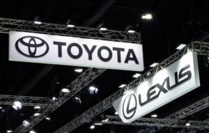 Hanging billboard with logo Toyota and Lexus at Bangkok International Motor Show 2024